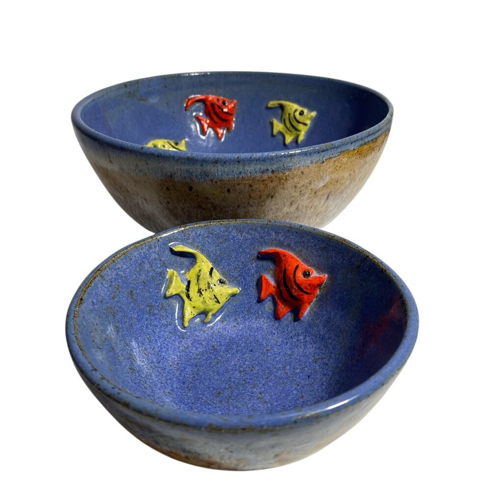 Studio Pottery Signed Blue with embossed Fishes Bowls Set of 2